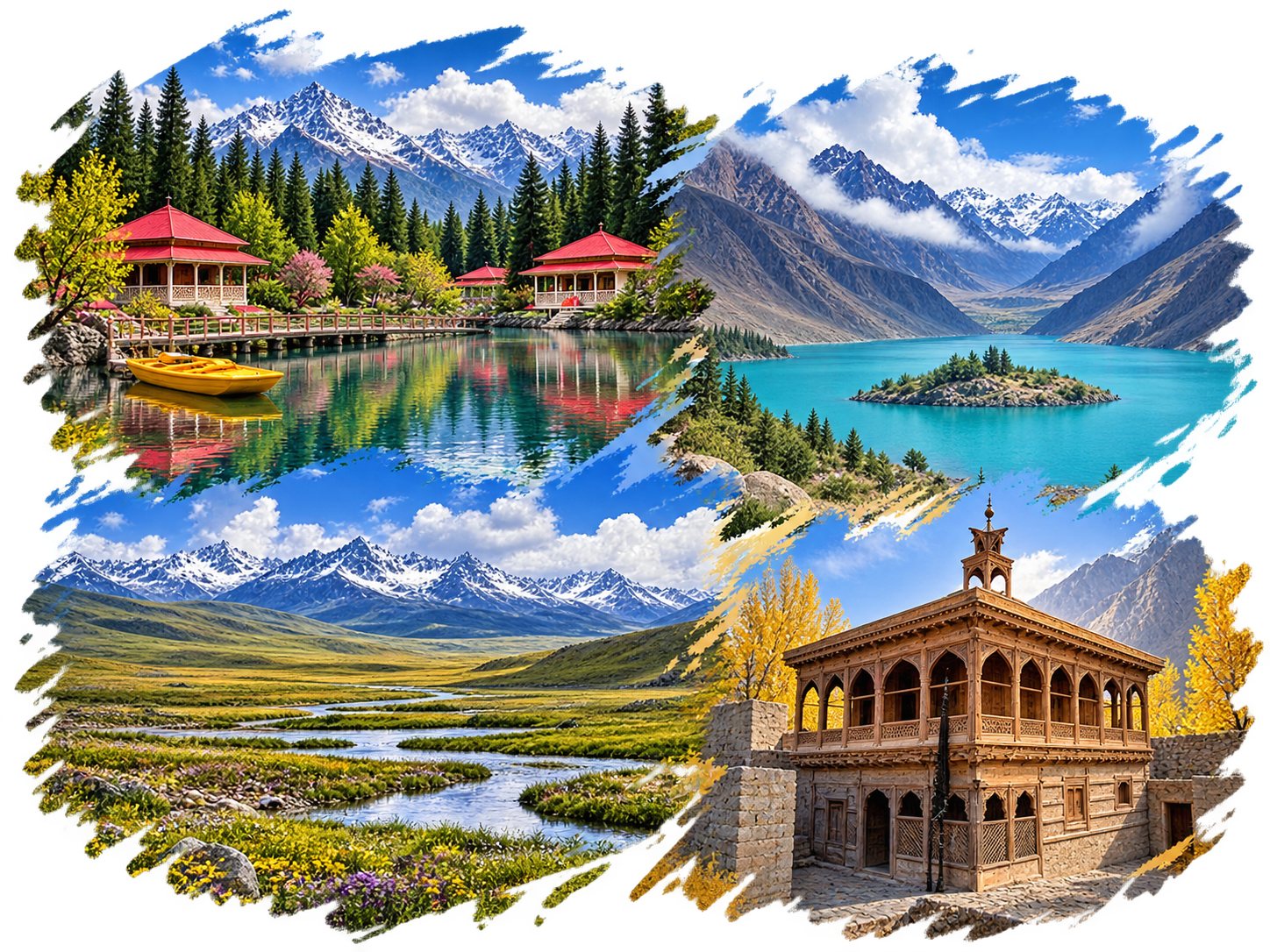 Illustrated map of Gilgit-Baltistan with landmarks and mountain routes