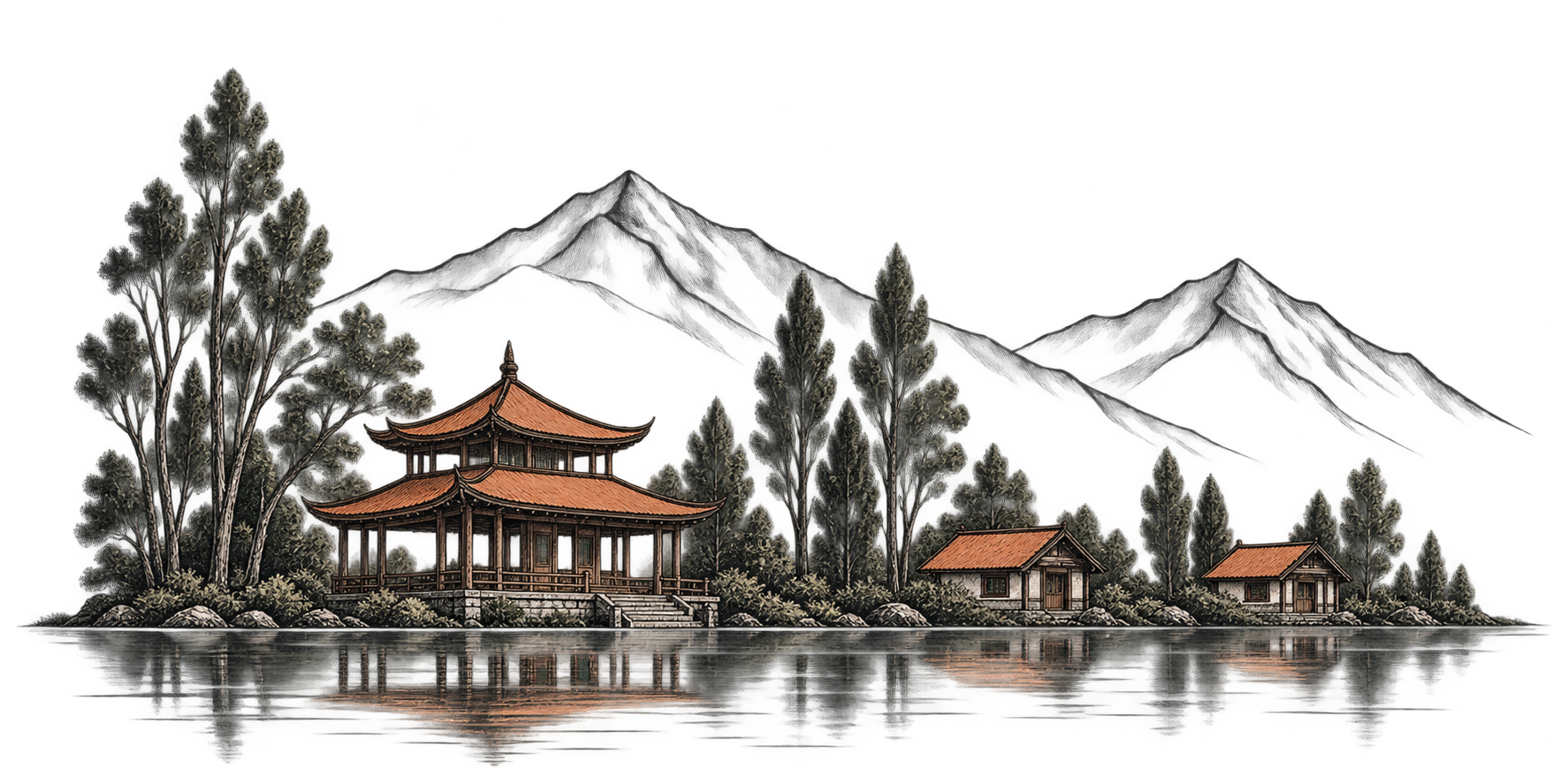 Hand-drawn lakeside homes, trees and mountains reflected in the water